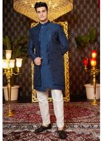 Art Silk Blue Wedding Wear Thread Work Readymade Indo Western Sherwani